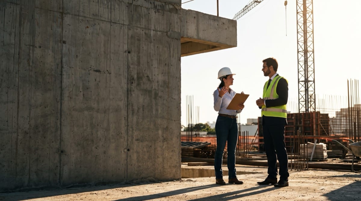 Engenheira e incorporador em canteiro de obra