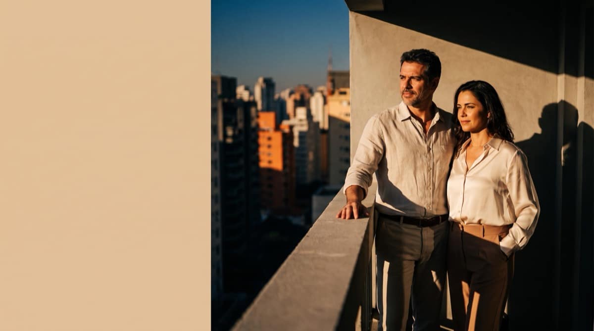 Casal na varanda do próprio apartamento em São Paulo