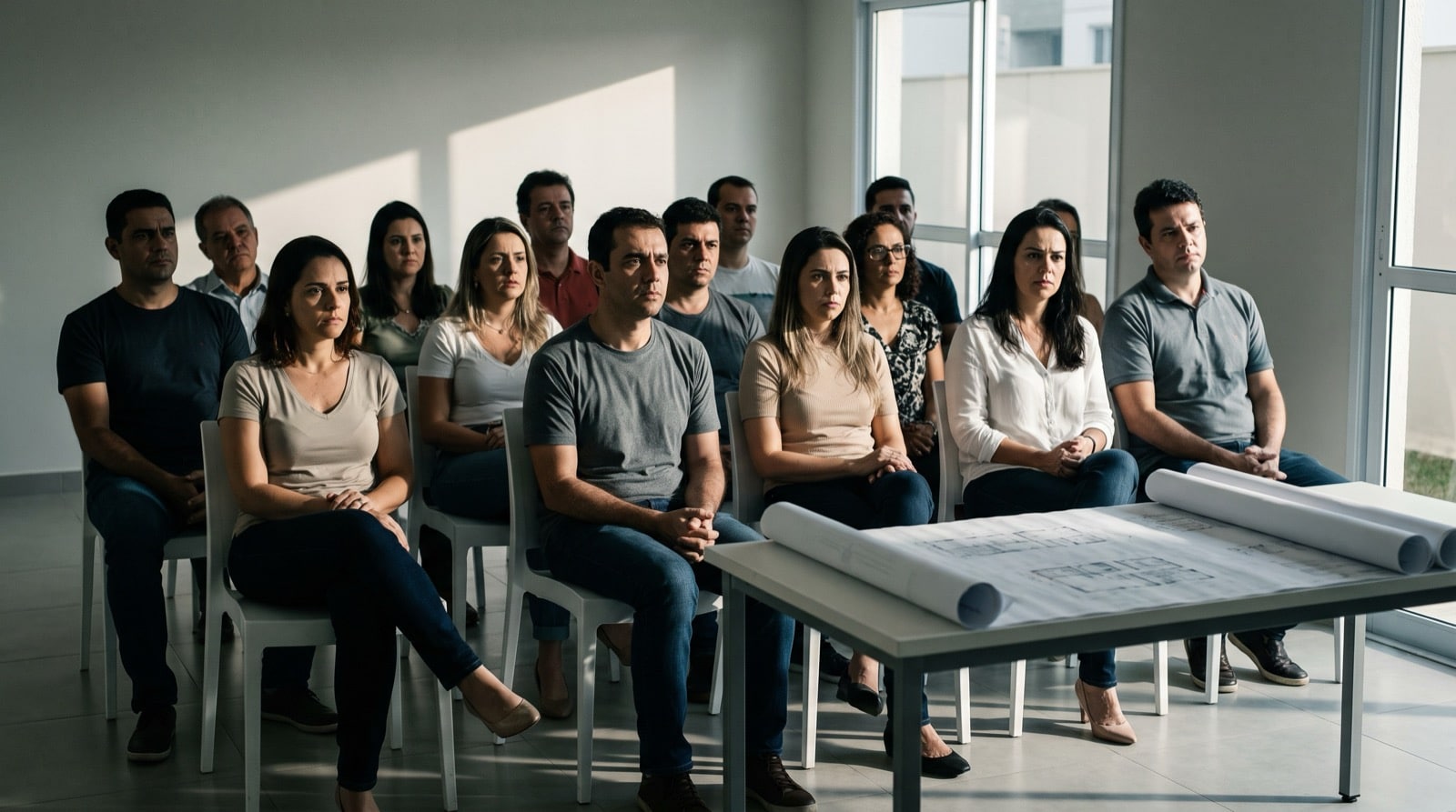 Assembleia de adquirentes de unidades reunida em salão com plantas sobre a mesa