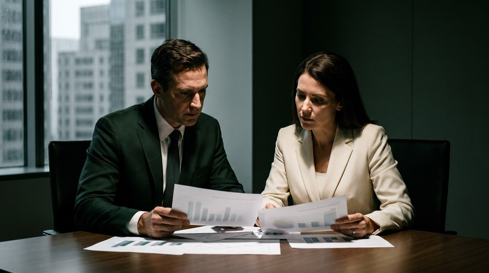 Executivos analisando relatórios financeiros em sala de reunião