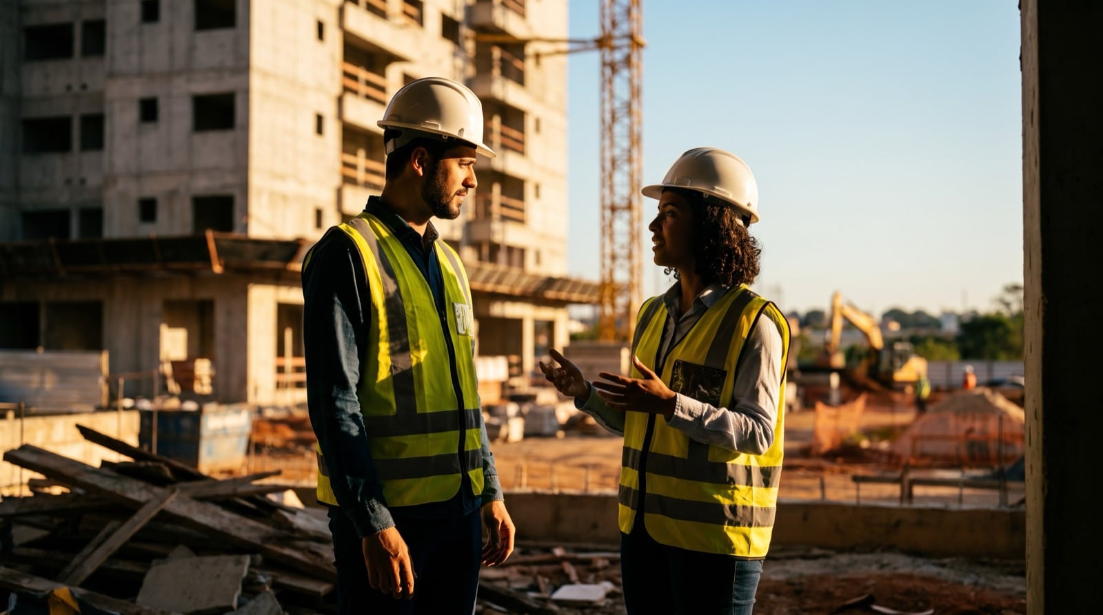 Engenheiros conversando em canteiro de obra de edifício residencial em construção
