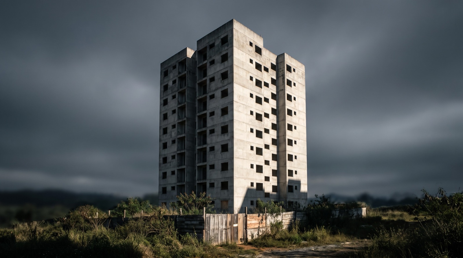 Torre residencial inacabada e abandonada, estrutura de concreto aparente