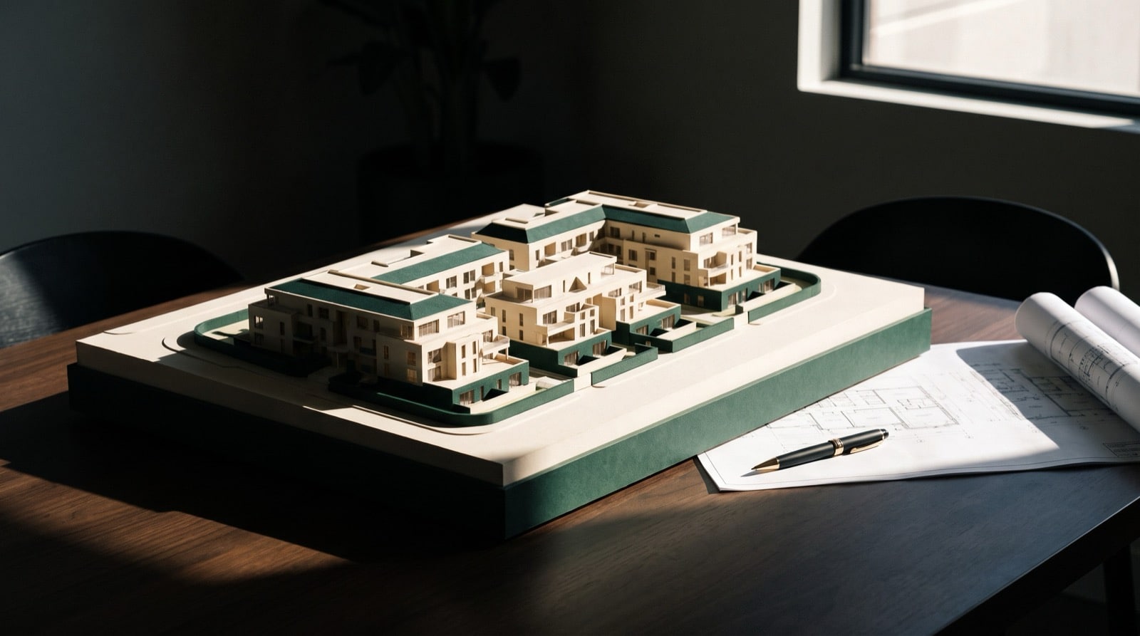 Maquete de empreendimento residencial sobre mesa de reunião com plantas arquitetônicas