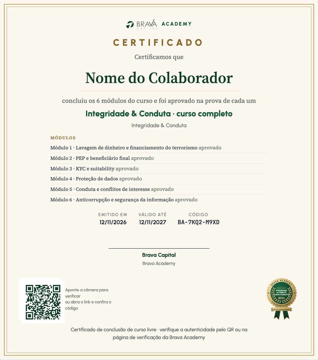 Certificado de conclusão da Brava Academy